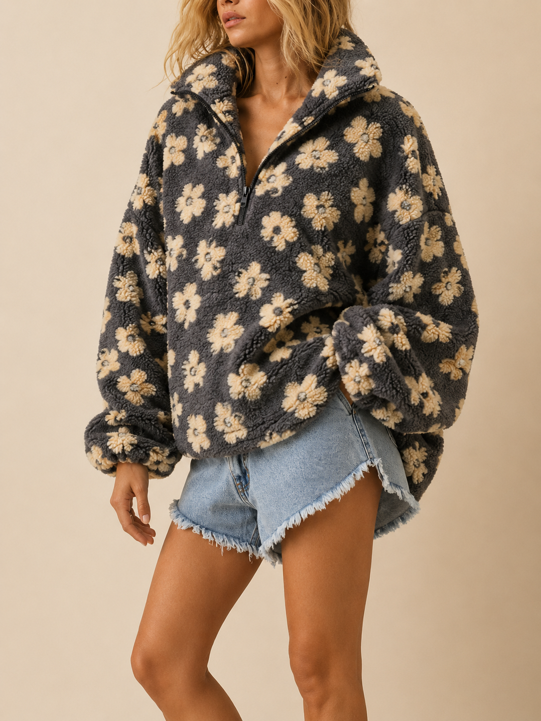 Ophelia | Women's Cozy Floral Quarter Zip Fleece Jacket
