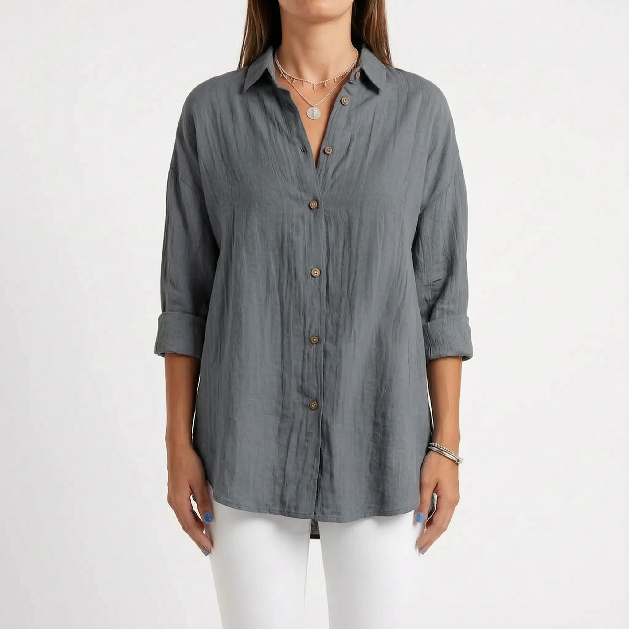 Aerosia - Relaxed Oversized Collared Button-Down Shirt