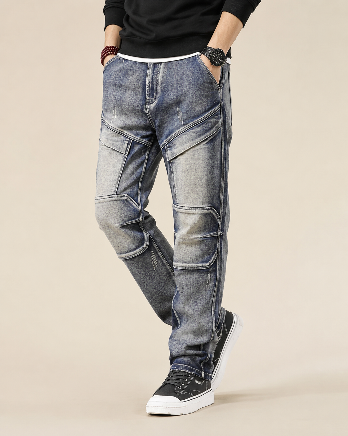 Evander | Men's Straight Cargo Jeans with Panel Details