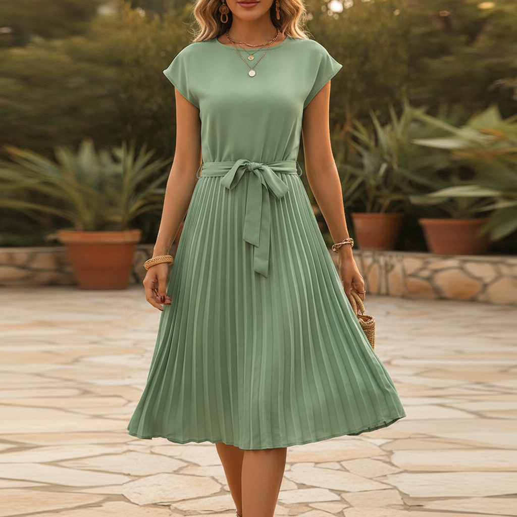 Wren | Women's Pleated Midi Dress with Tie Waist