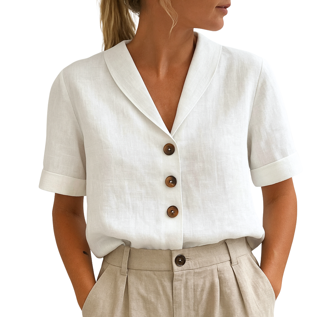 Aria | Women's Linen Blouse with Brown Button Detail