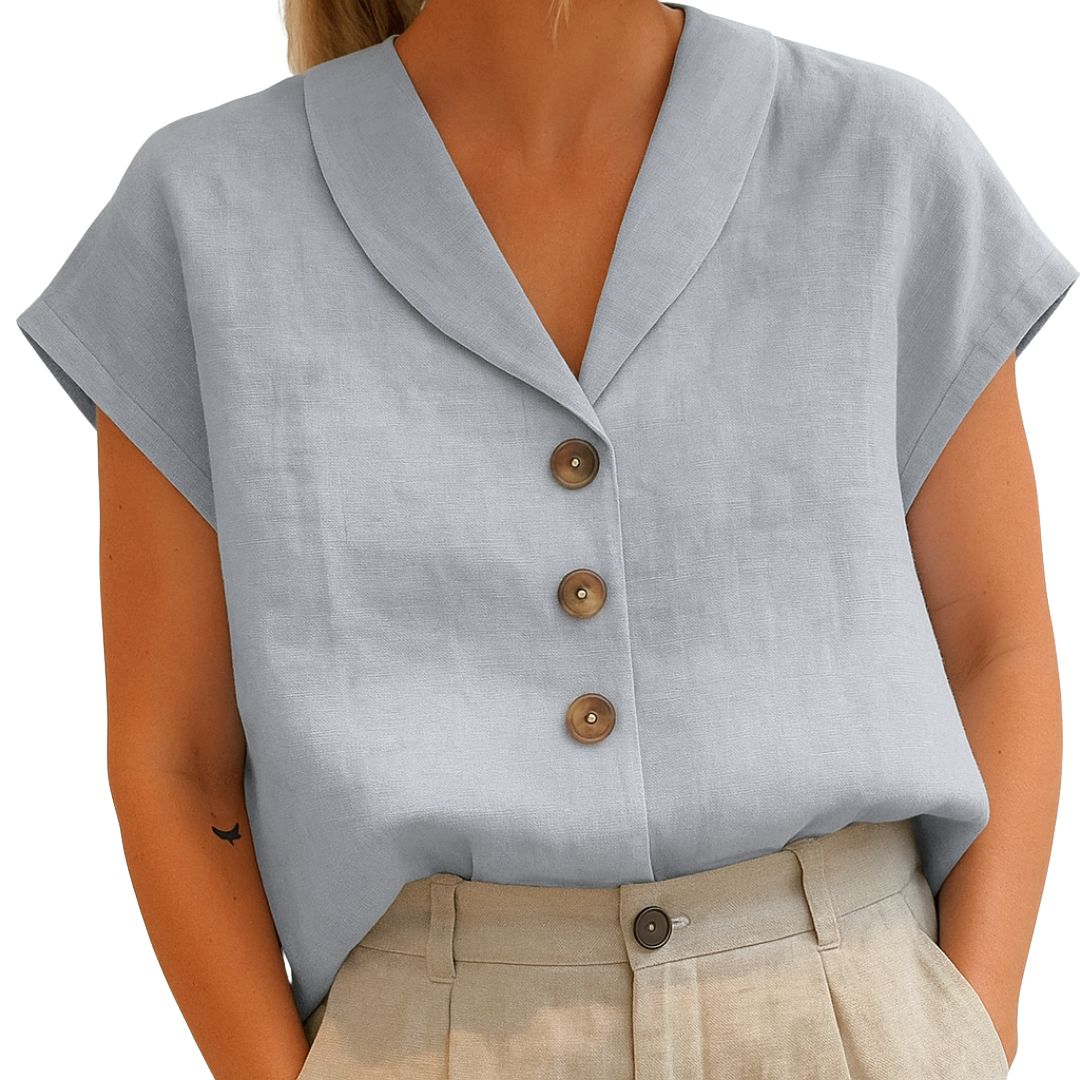 Aria | Women's Linen Blouse with Brown Button Detail