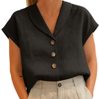 Aria | Women's Linen Blouse with Brown Button Detail