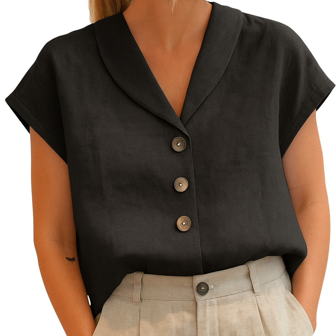 Aria | Women's Linen Blouse with Brown Button Detail