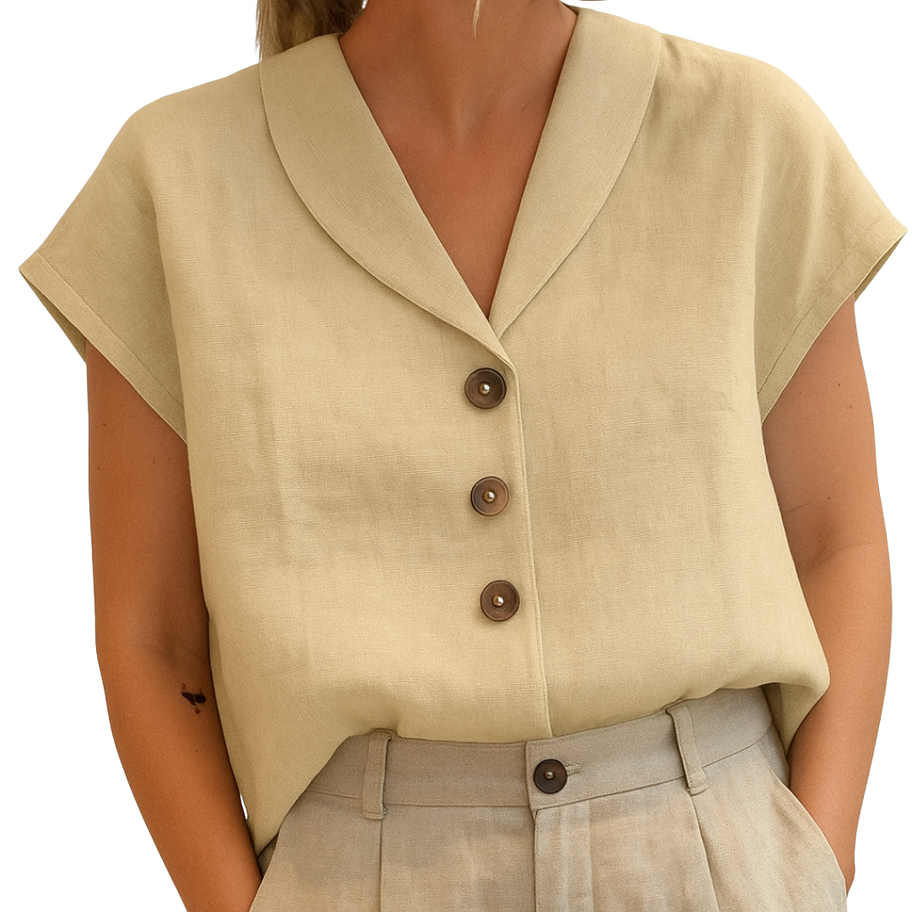 Aria | Women's Linen Blouse with Brown Button Detail