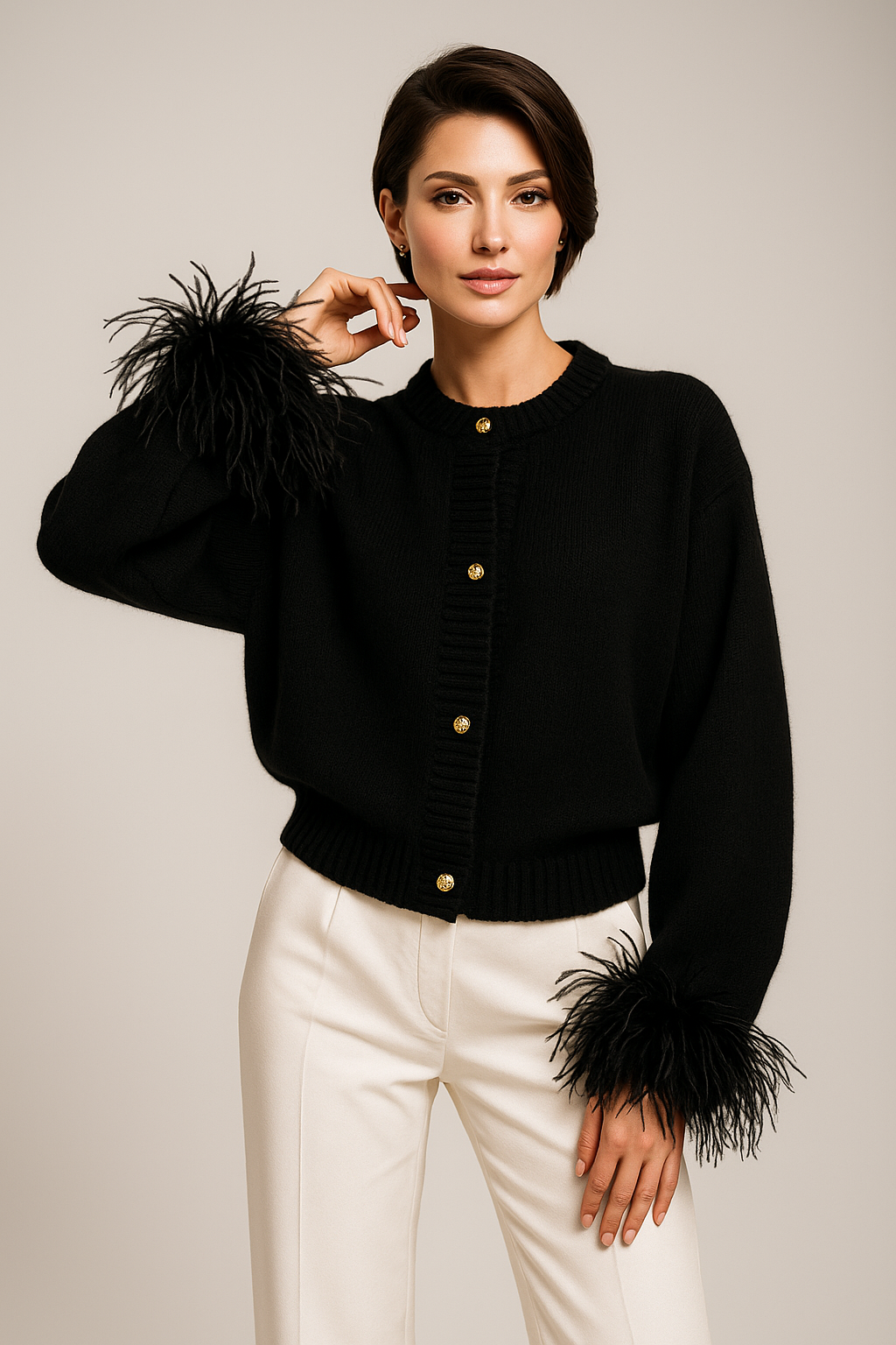 Astrid - Women's Elegant Feather Cuff Cardigan