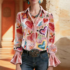 Astrid | Women's Heart Print Blouse with Ruffled Cuffs