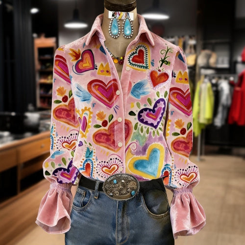 Astrid | Women's Heart Print Blouse with Ruffled Cuffs