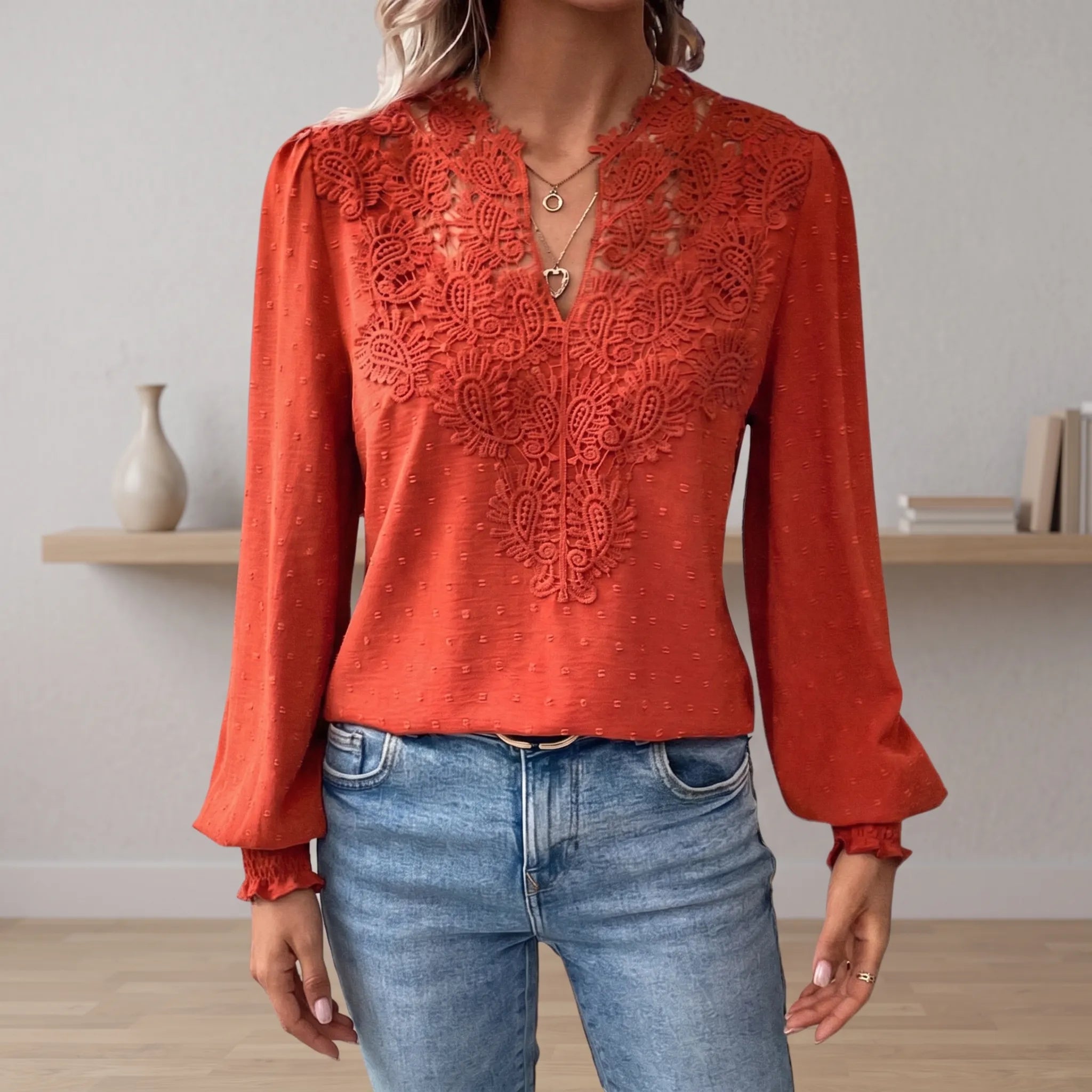 Cadora - V-Neck Textured Long Sleeve Blouse