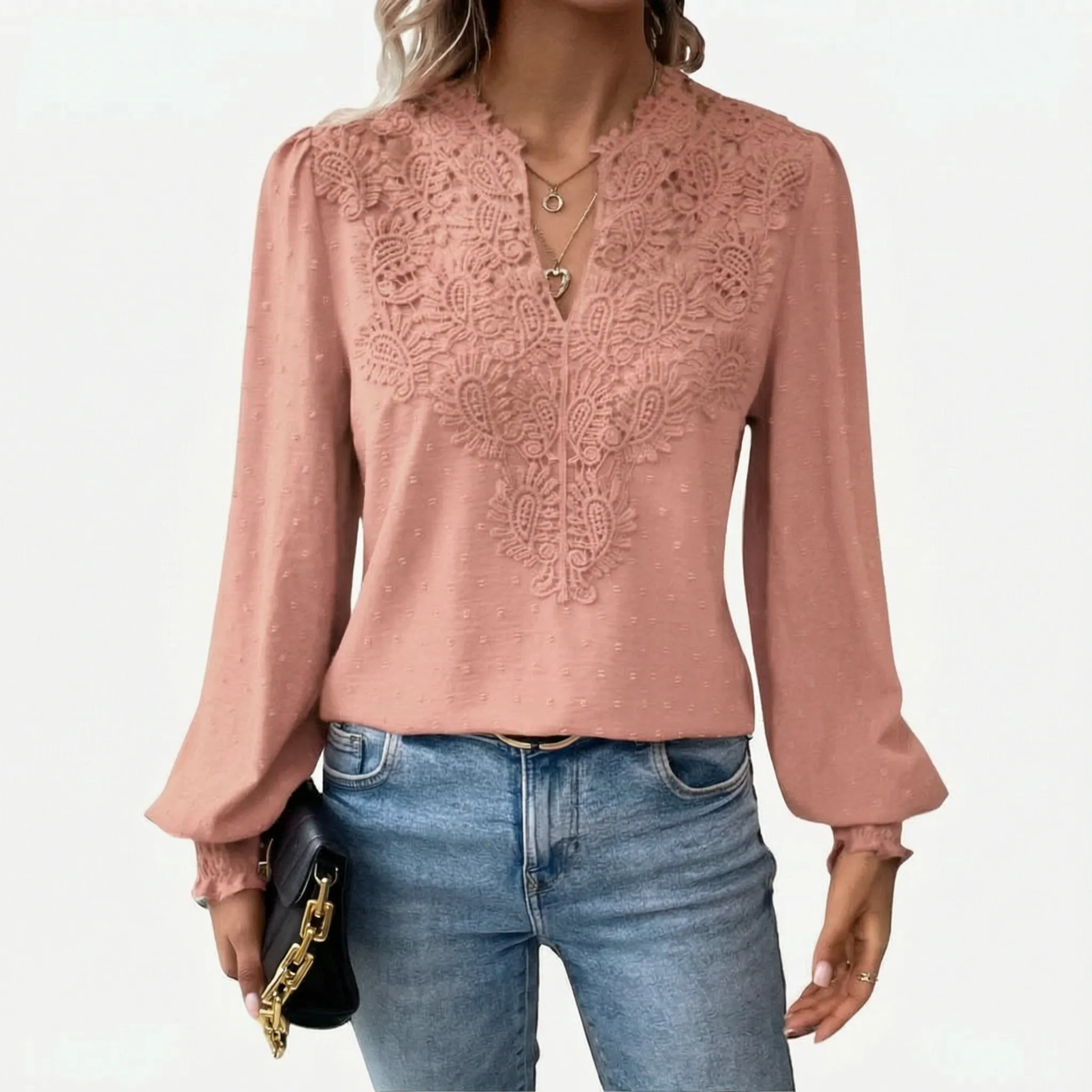 Cadora - V-Neck Textured Long Sleeve Blouse