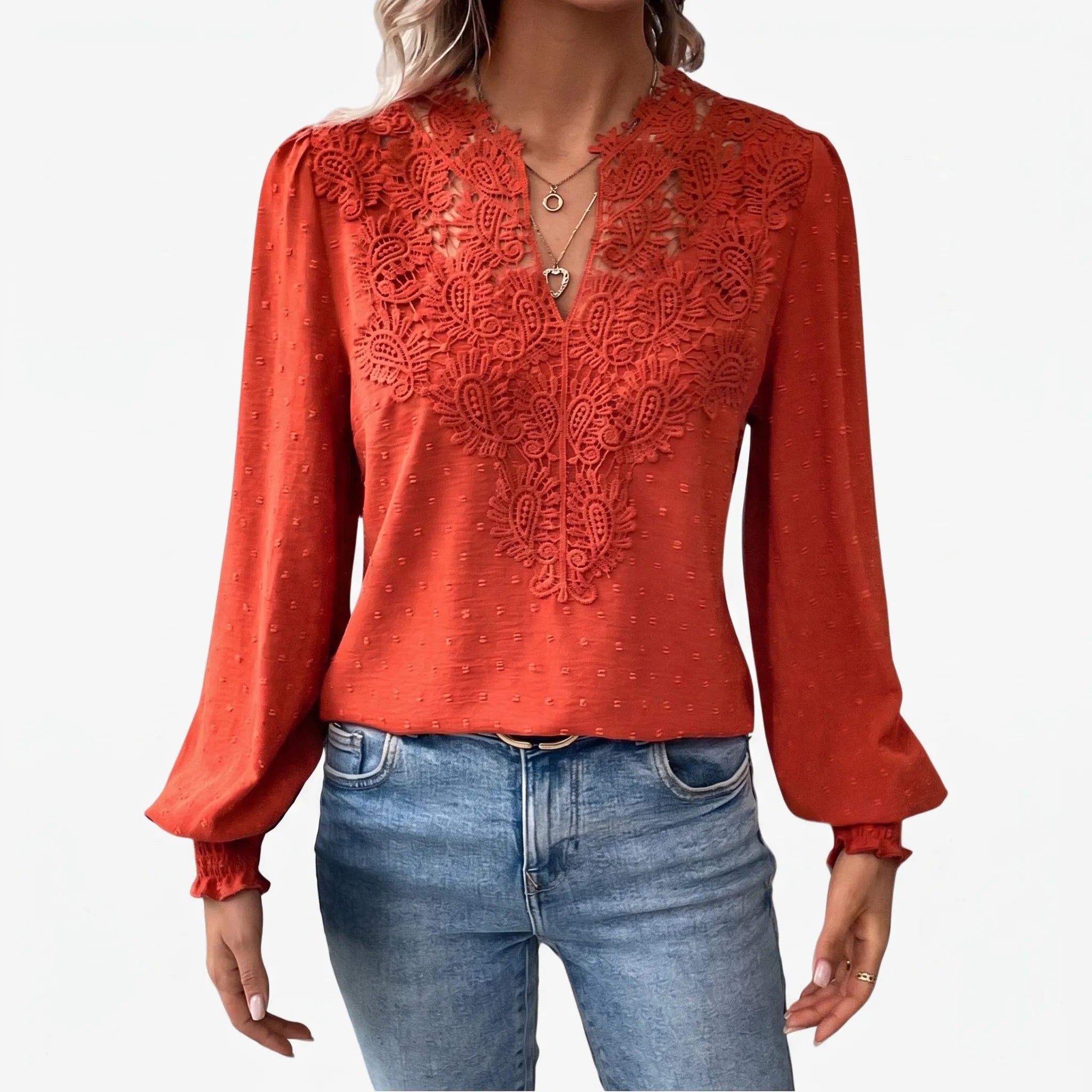 Cadora - V-Neck Textured Long Sleeve Blouse