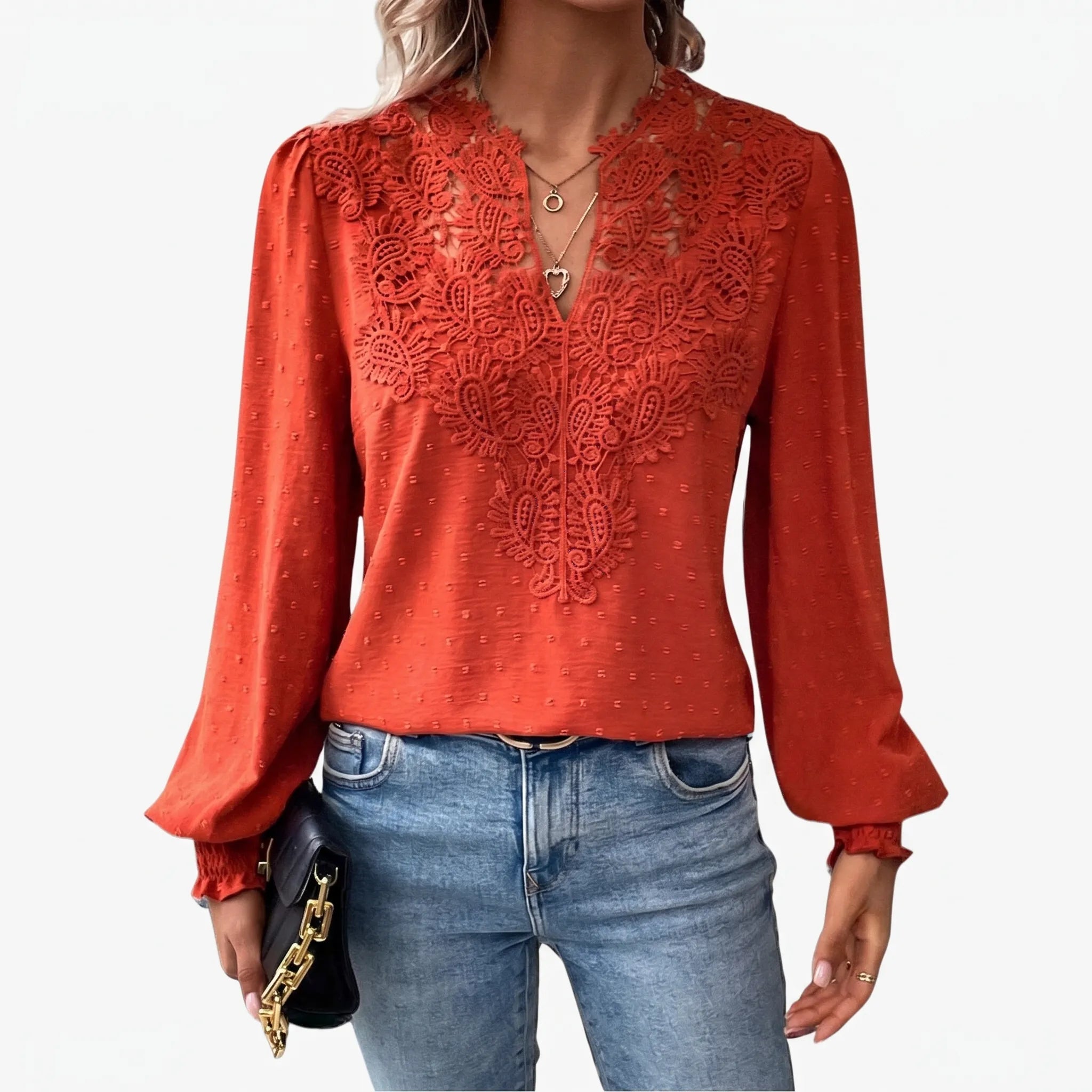 Cadora - V-Neck Textured Long Sleeve Blouse