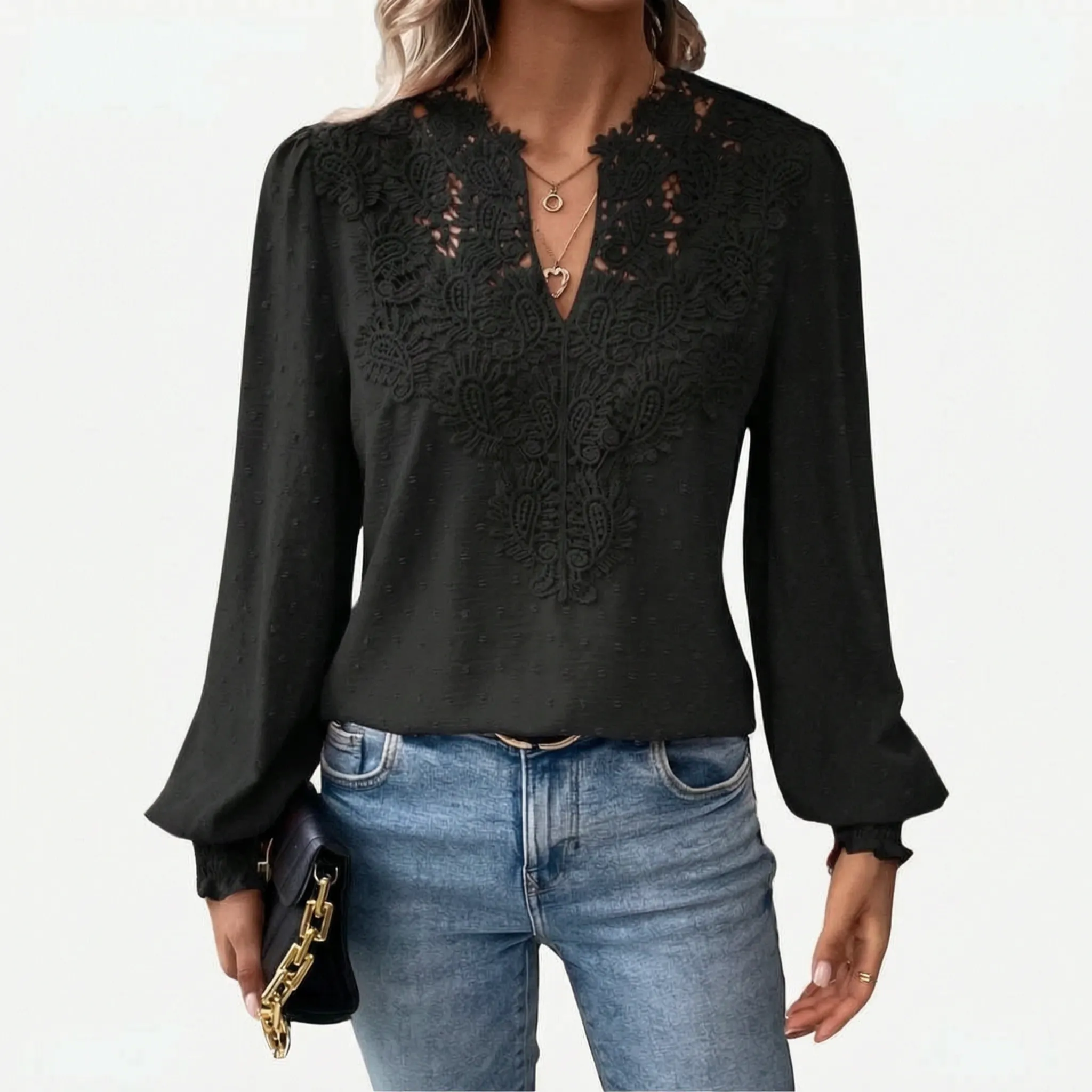 Cadora - V-Neck Textured Long Sleeve Blouse