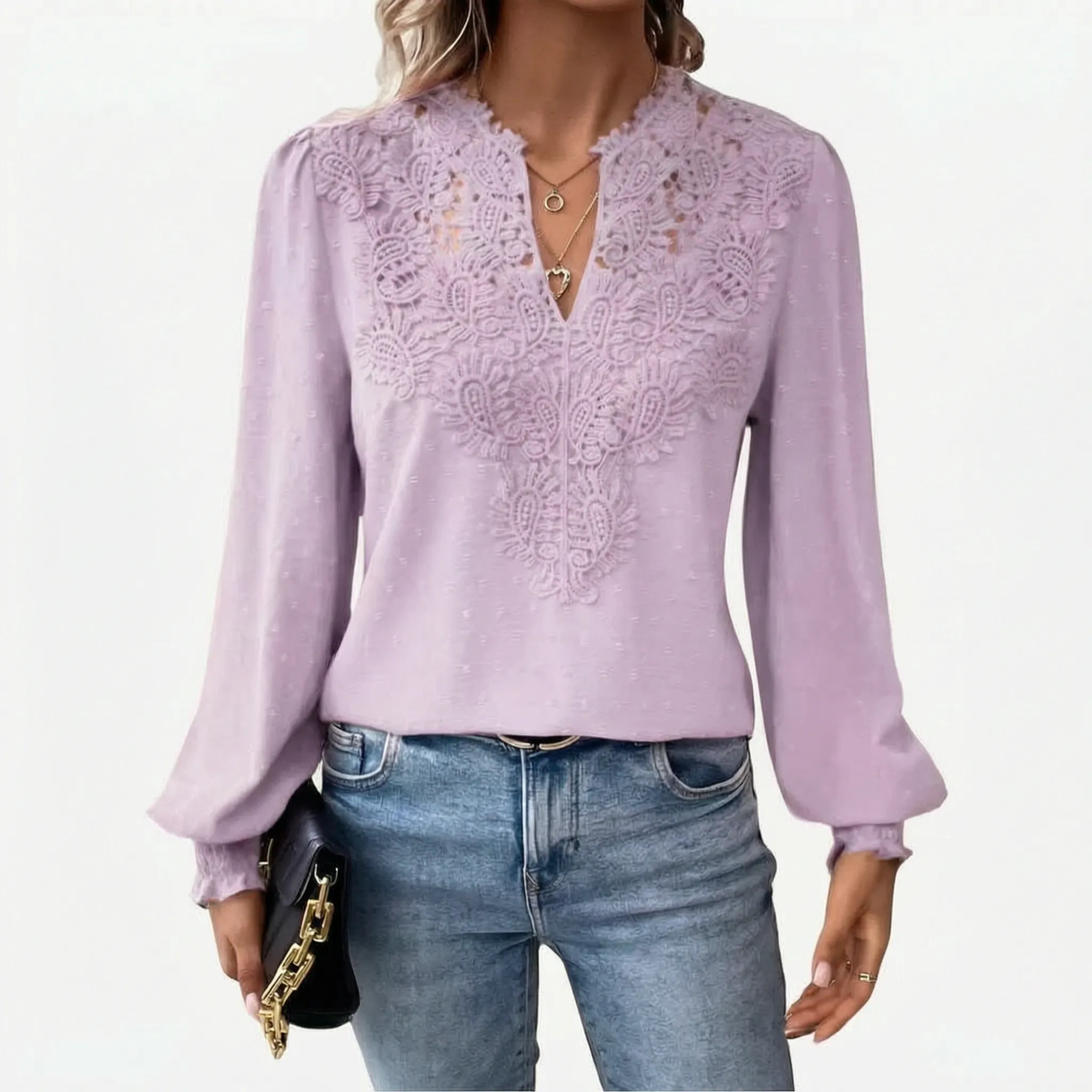 Cadora - V-Neck Textured Long Sleeve Blouse