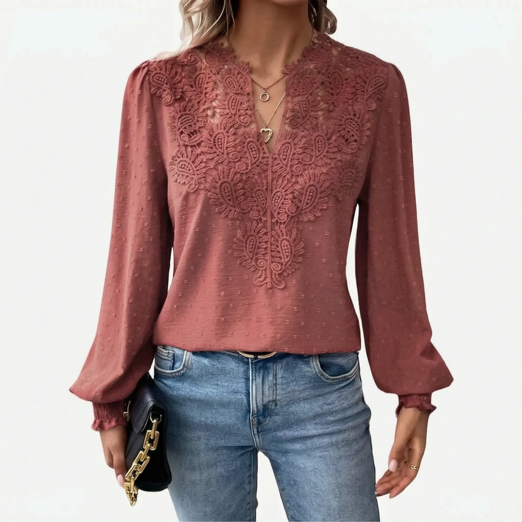 Cadora - V-Neck Textured Long Sleeve Blouse