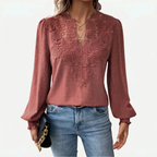 Cadora - V-Neck Textured Long Sleeve Blouse