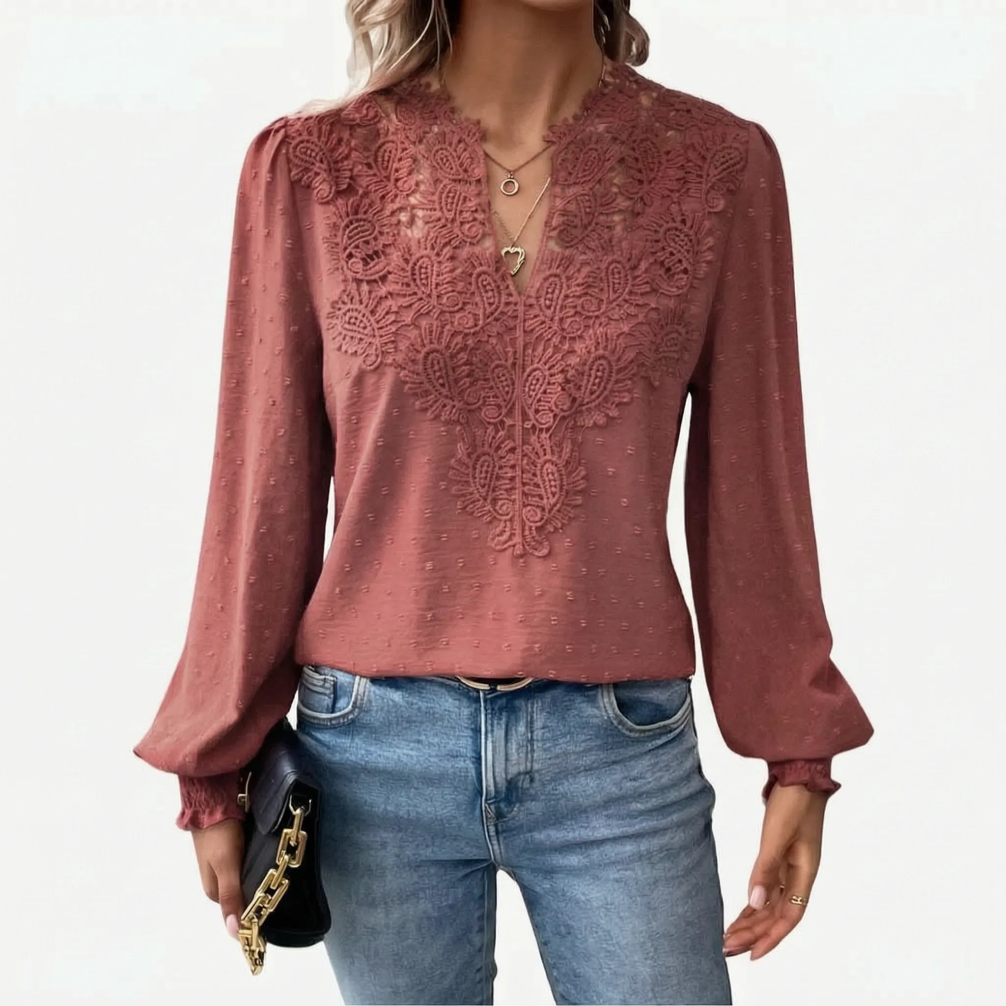 Cadora - V-Neck Textured Long Sleeve Blouse