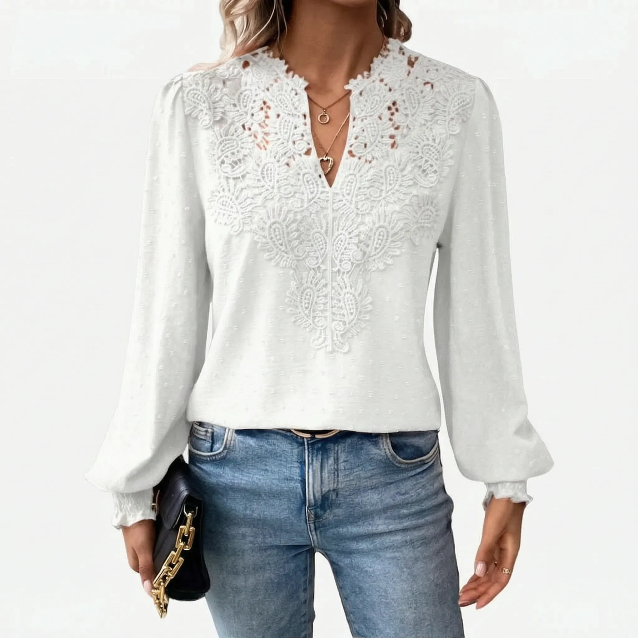 Cadora - V-Neck Textured Long Sleeve Blouse