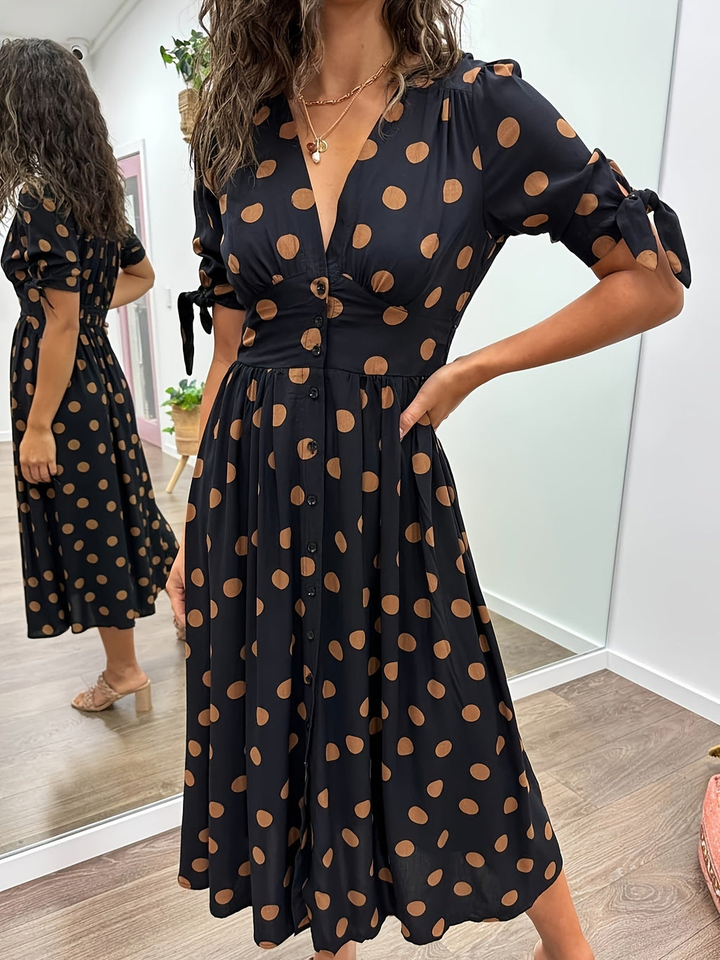 Elara | Women's Polka Dot Midi Dress with Tie Sleeves