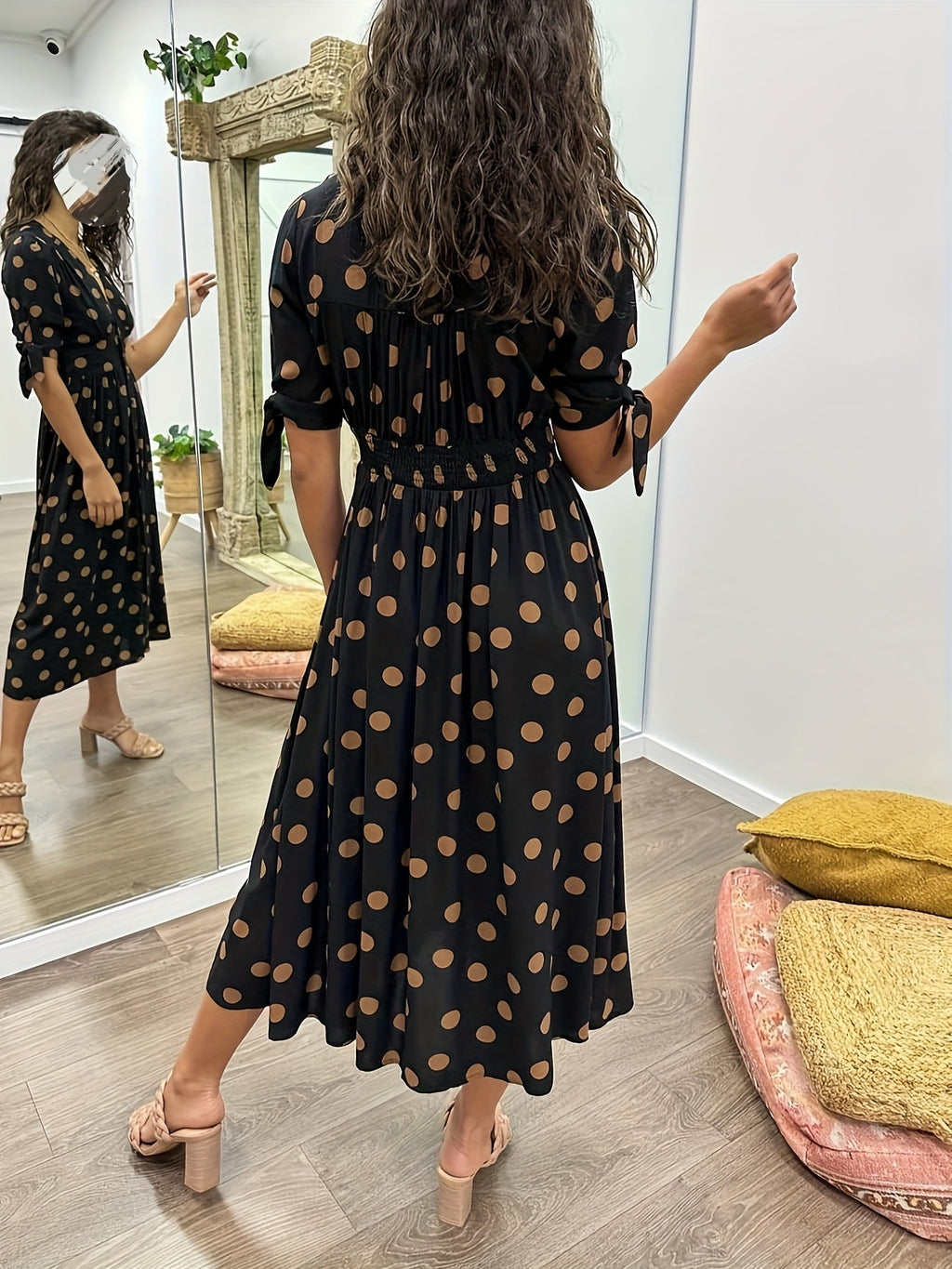 Elara | Women's Polka Dot Midi Dress with Tie Sleeves