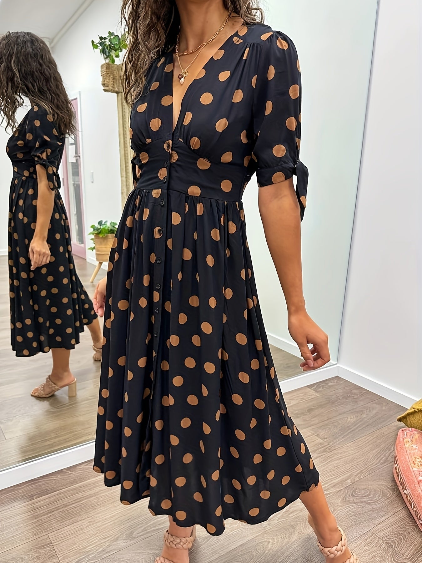Elara | Women's Polka Dot Midi Dress with Tie Sleeves