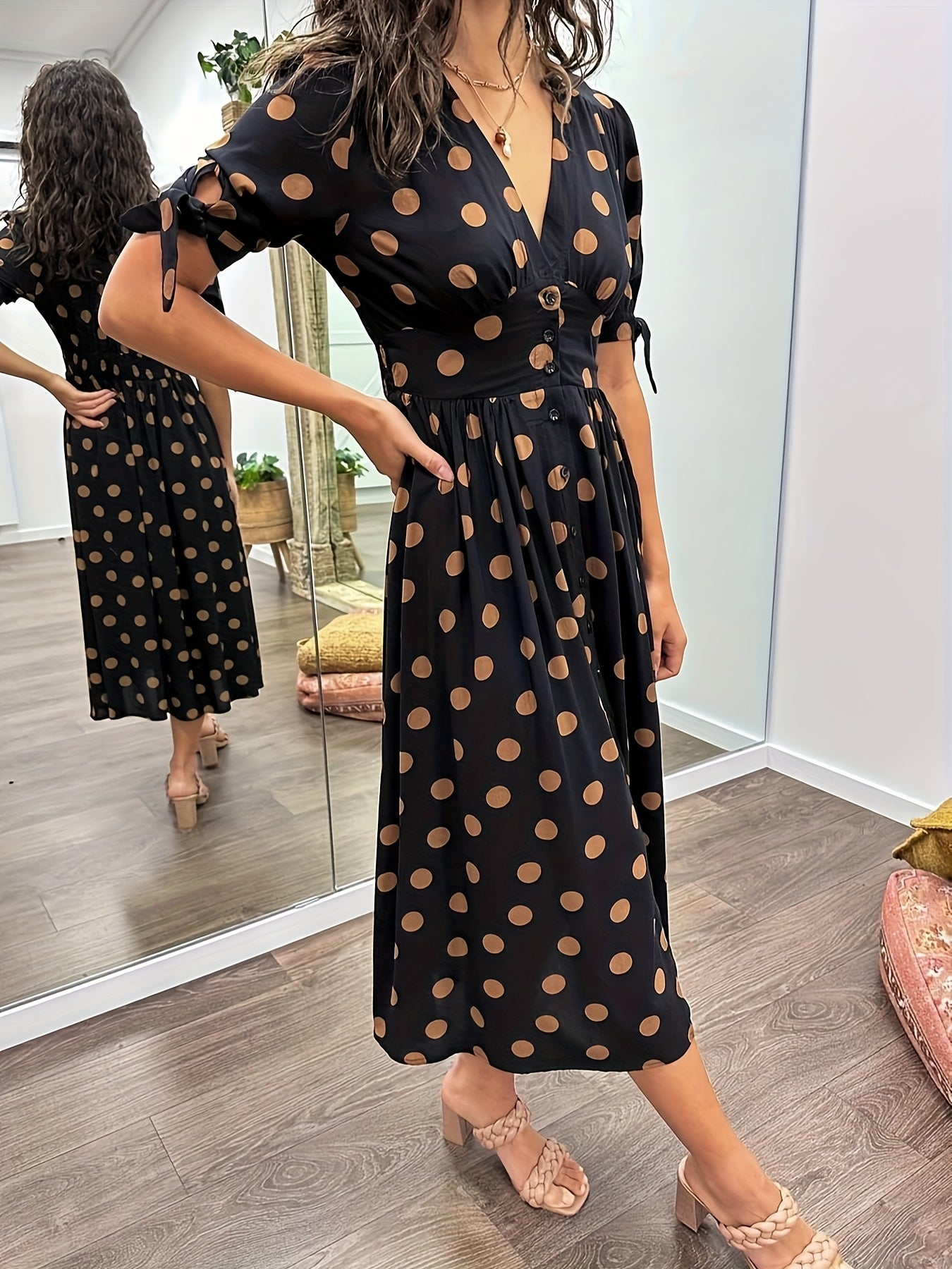 Elara | Women's Polka Dot Midi Dress with Tie Sleeves