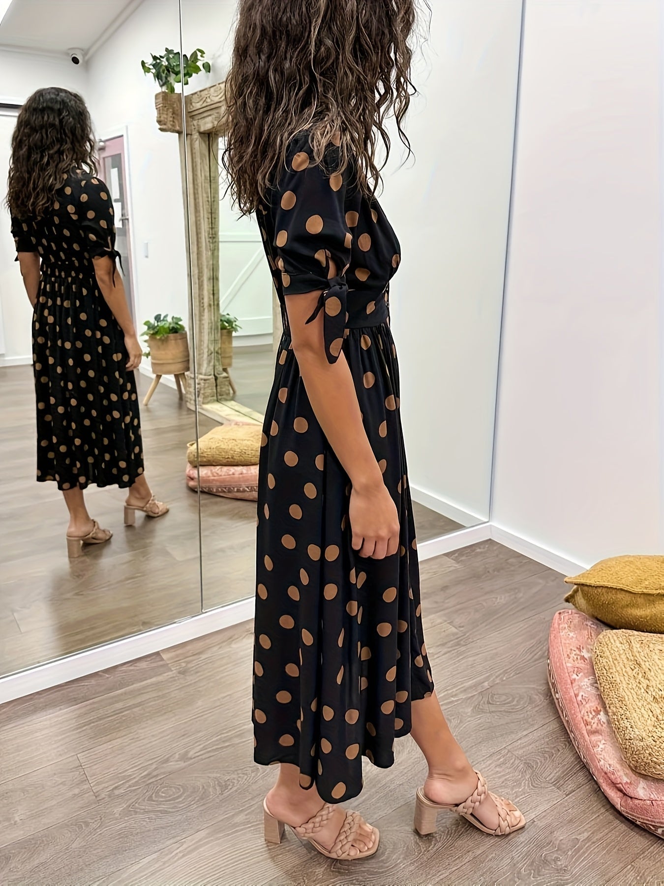 Elara | Women's Polka Dot Midi Dress with Tie Sleeves