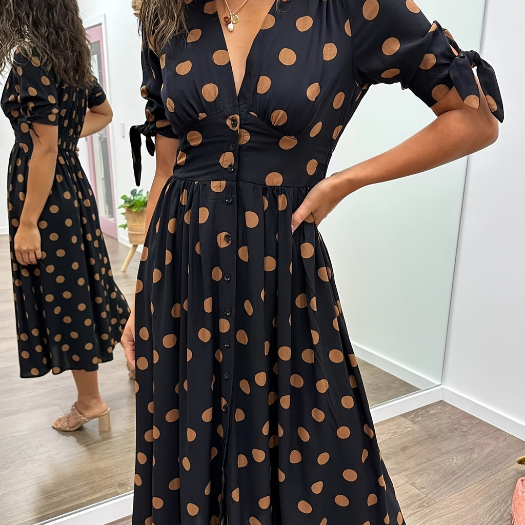 Elara | Women's Polka Dot Midi Dress with Tie Sleeves