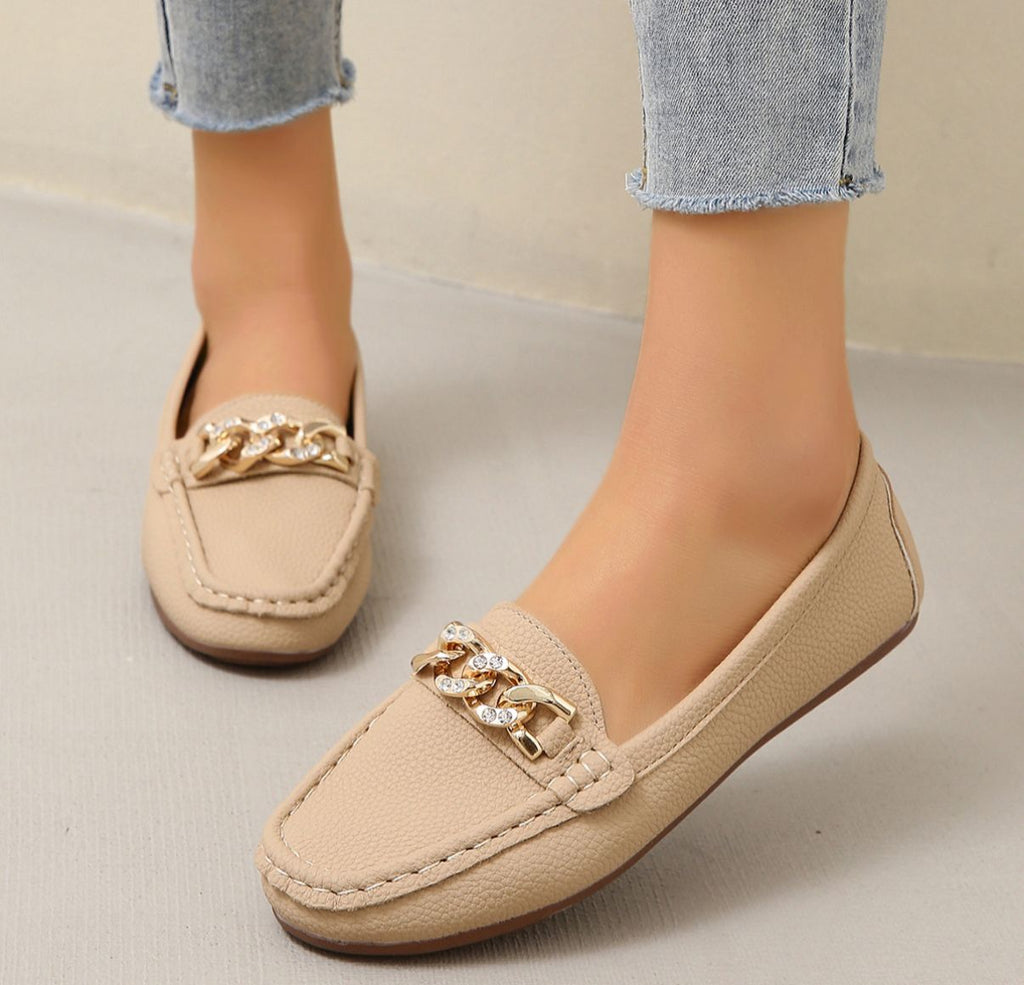 Eloise | Women's Chic White Loafers with Gold Chain Detail