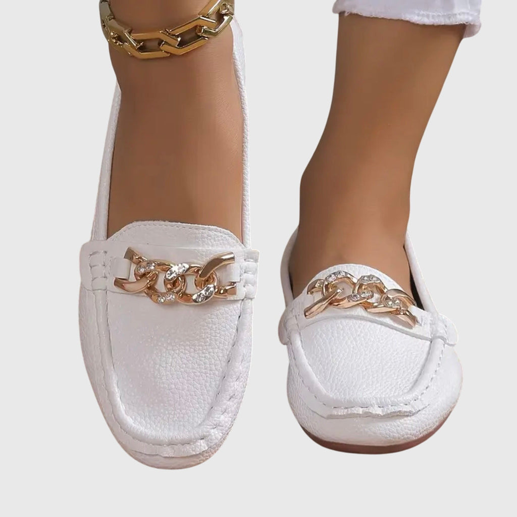 Eloise | Women's Chic White Loafers with Gold Chain Detail
