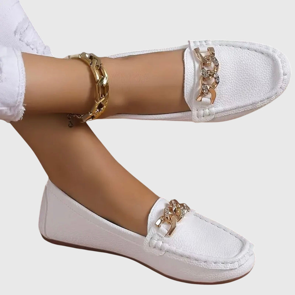 Eloise | Women's Chic White Loafers with Gold Chain Detail