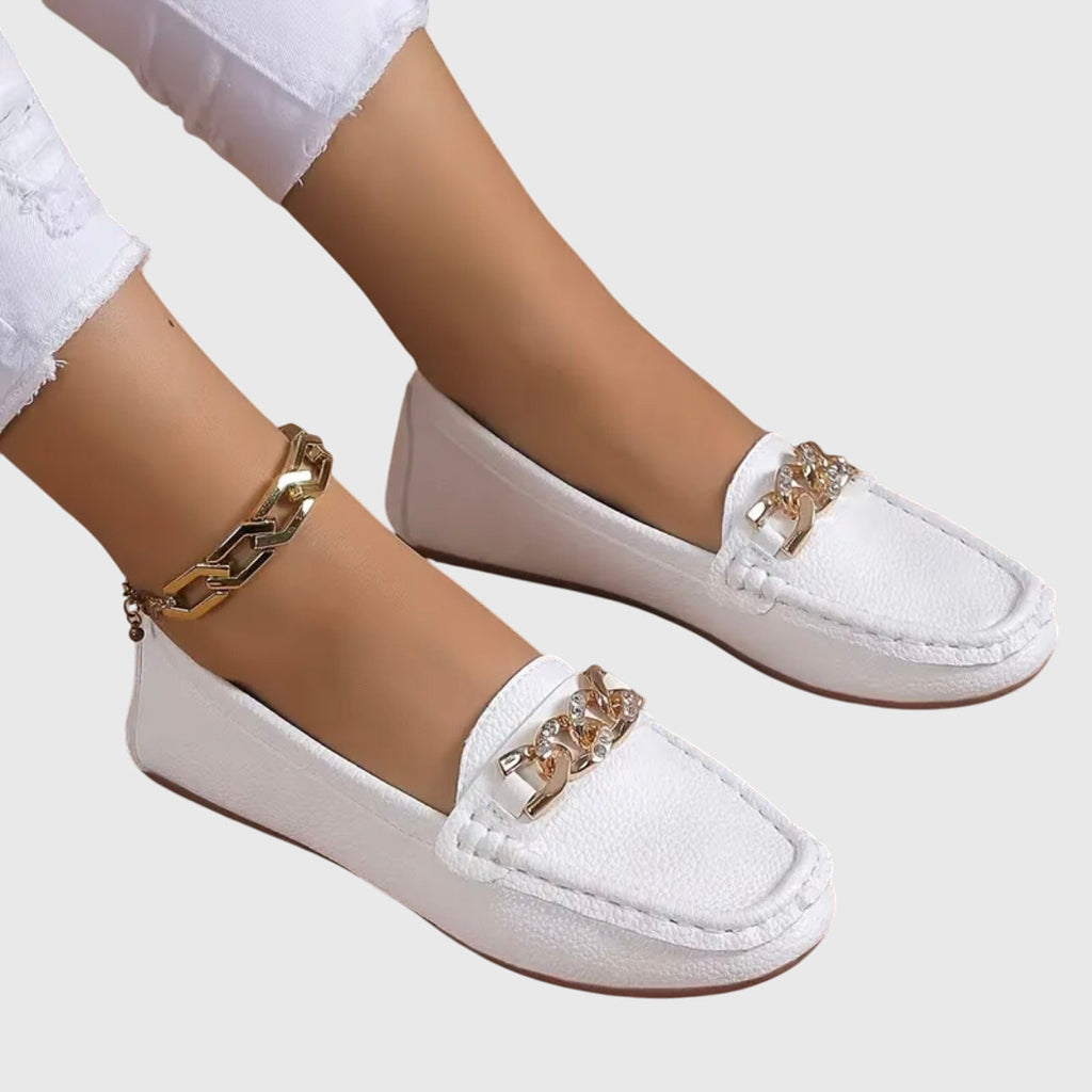 Eloise | Women's Chic White Loafers with Gold Chain Detail