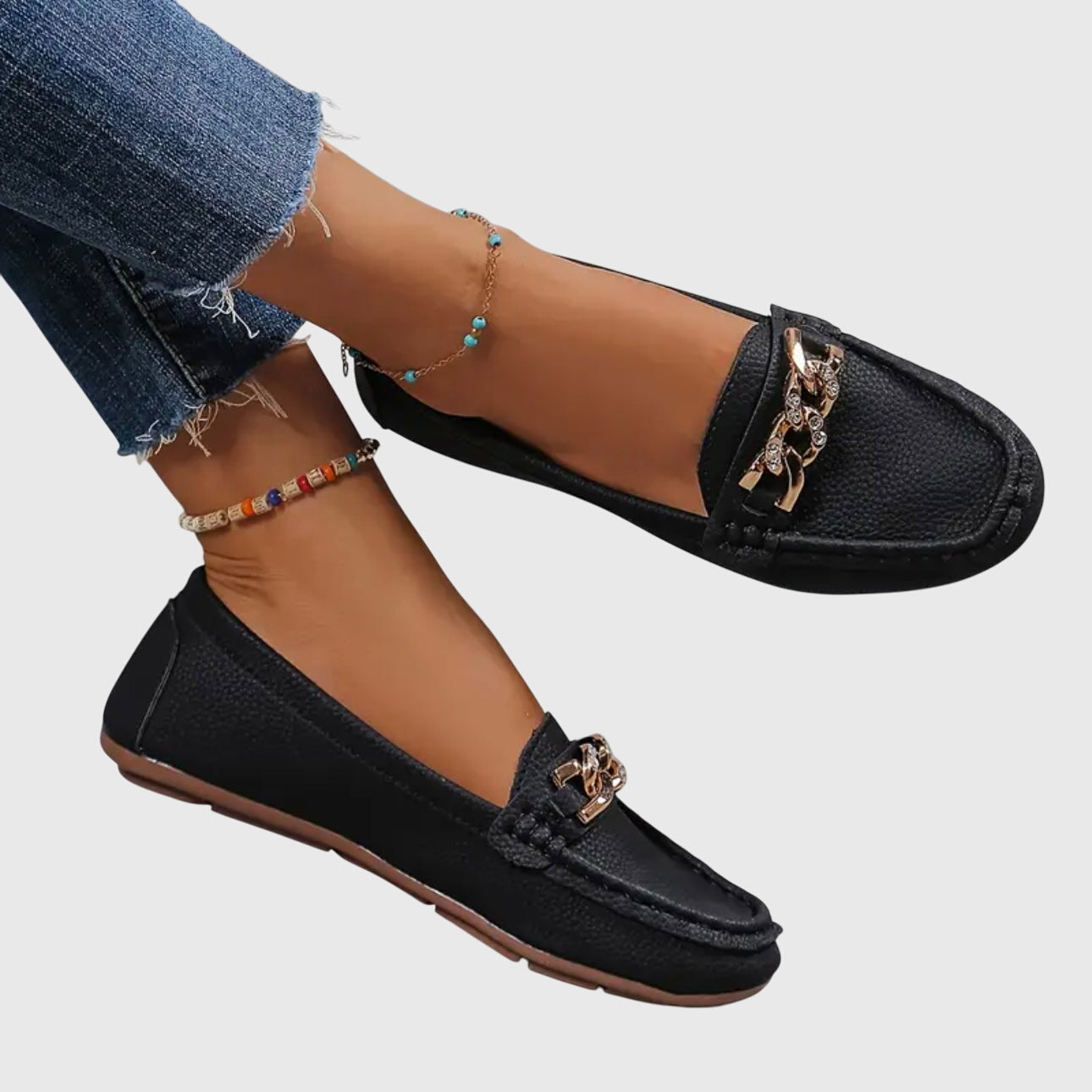 Eloise | Women's Chic White Loafers with Gold Chain Detail