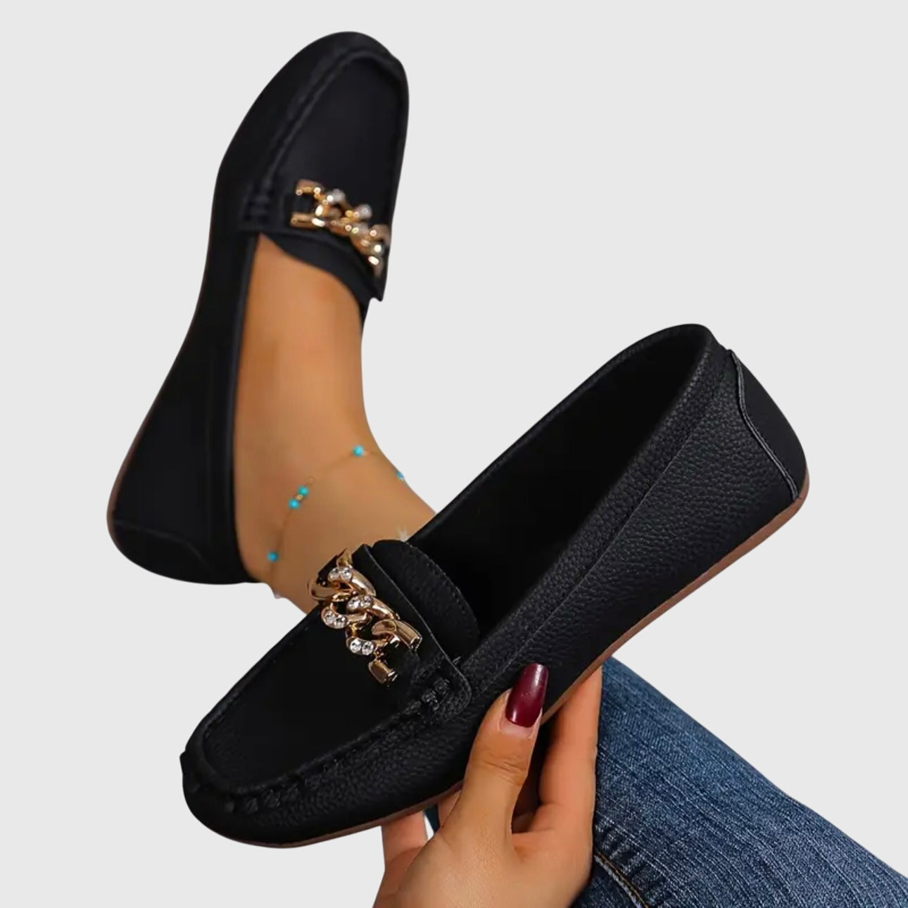 Eloise | Women's Chic White Loafers with Gold Chain Detail