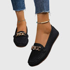 Eloise | Women's Chic White Loafers with Gold Chain Detail