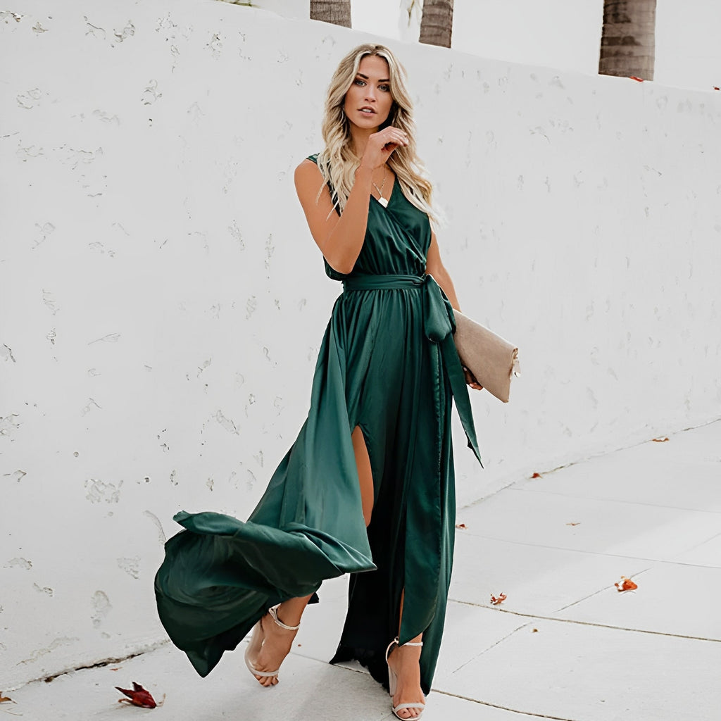 Fallon | Women's Flowy Maxi Wedding Guest Dress with Tie Waist