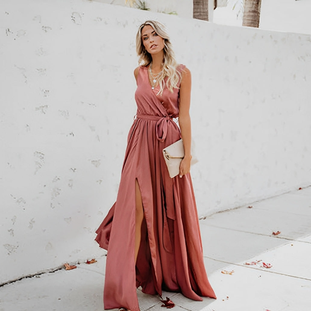 Fallon | Women's Flowy Maxi Wedding Guest Dress with Tie Waist