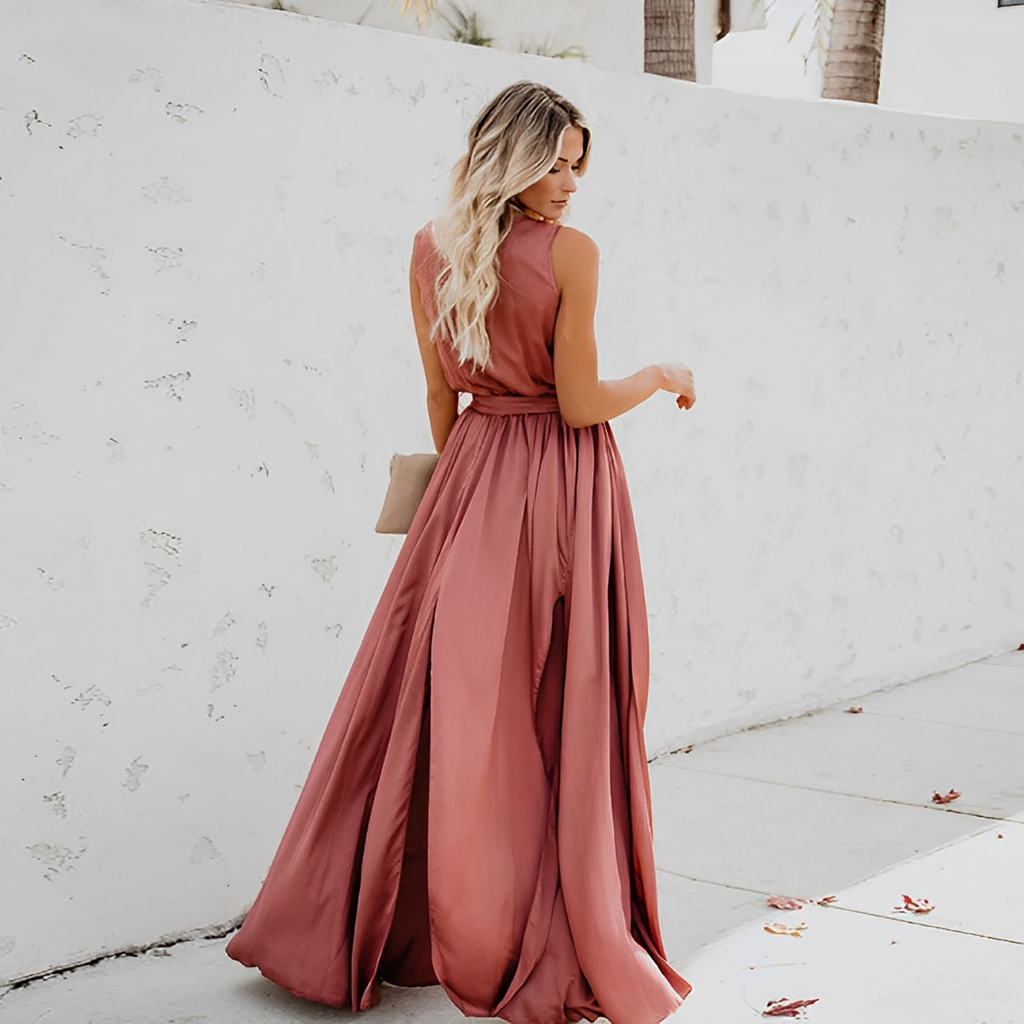 Fallon | Women's Flowy Maxi Wedding Guest Dress with Tie Waist