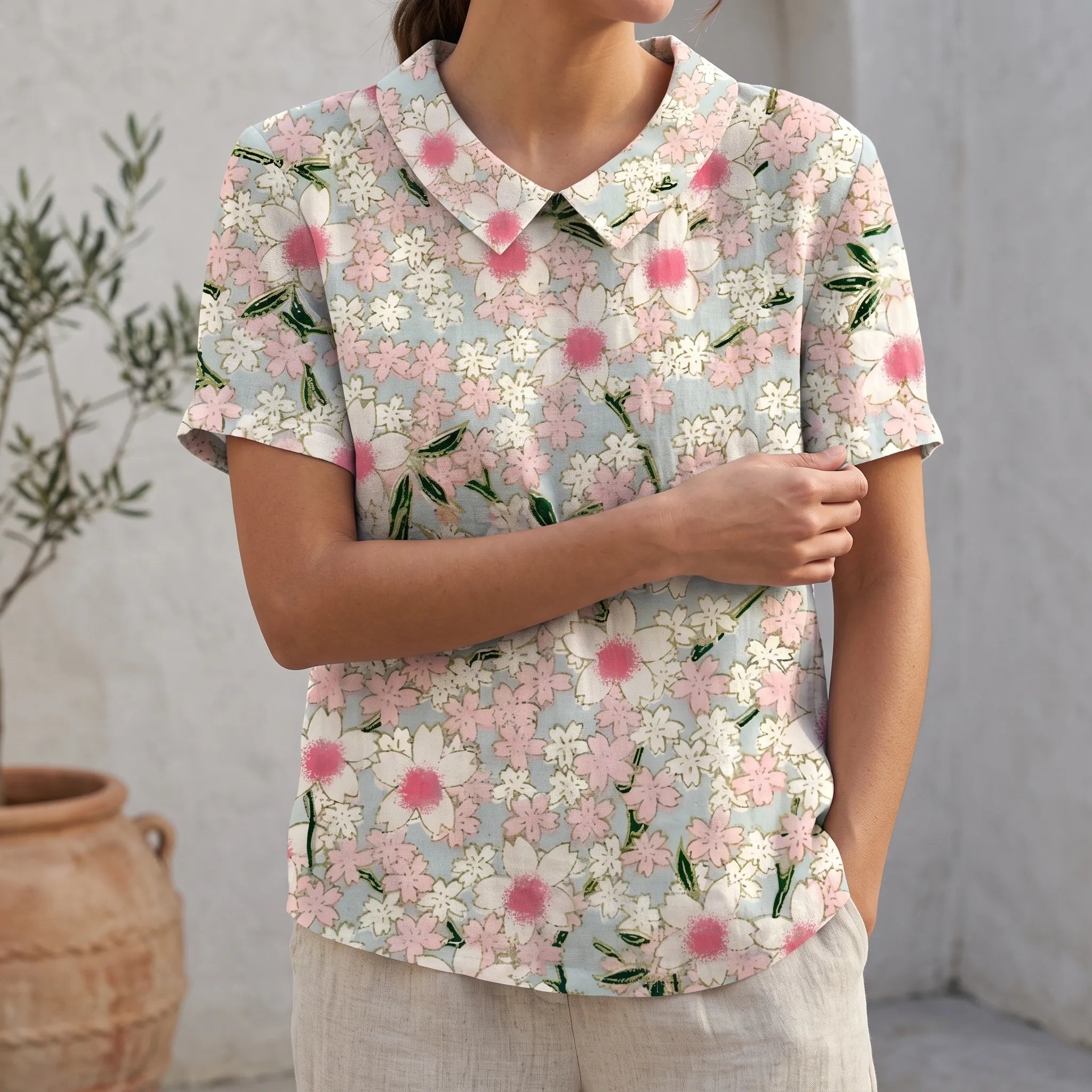 Floralis - Relaxed Fit Floral Collared Blouse