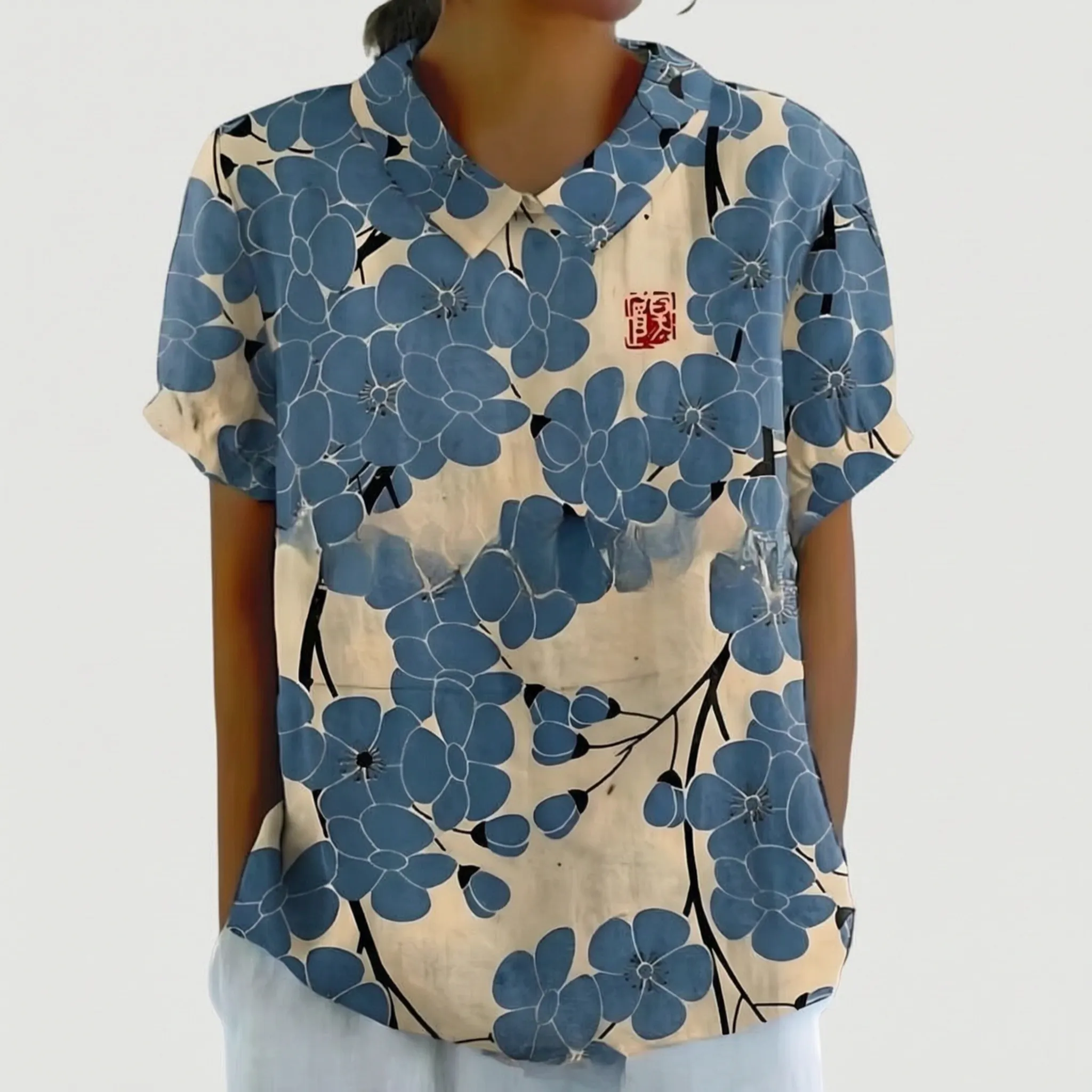 Floralis - Relaxed Fit Floral Collared Blouse