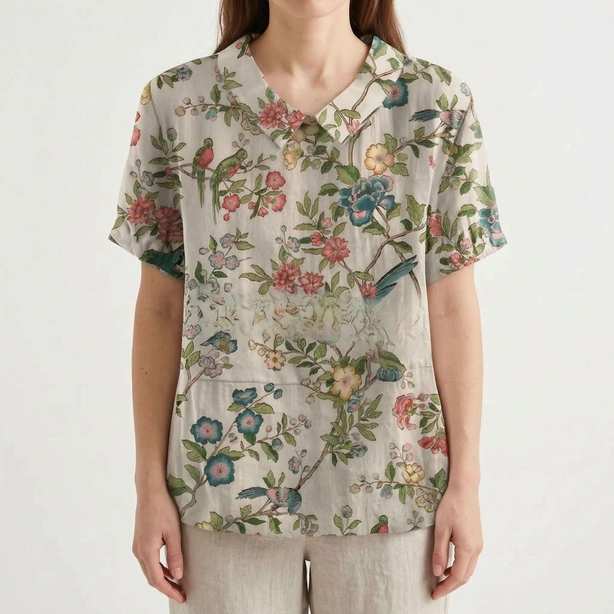 Floralis - Relaxed Fit Floral Collared Blouse