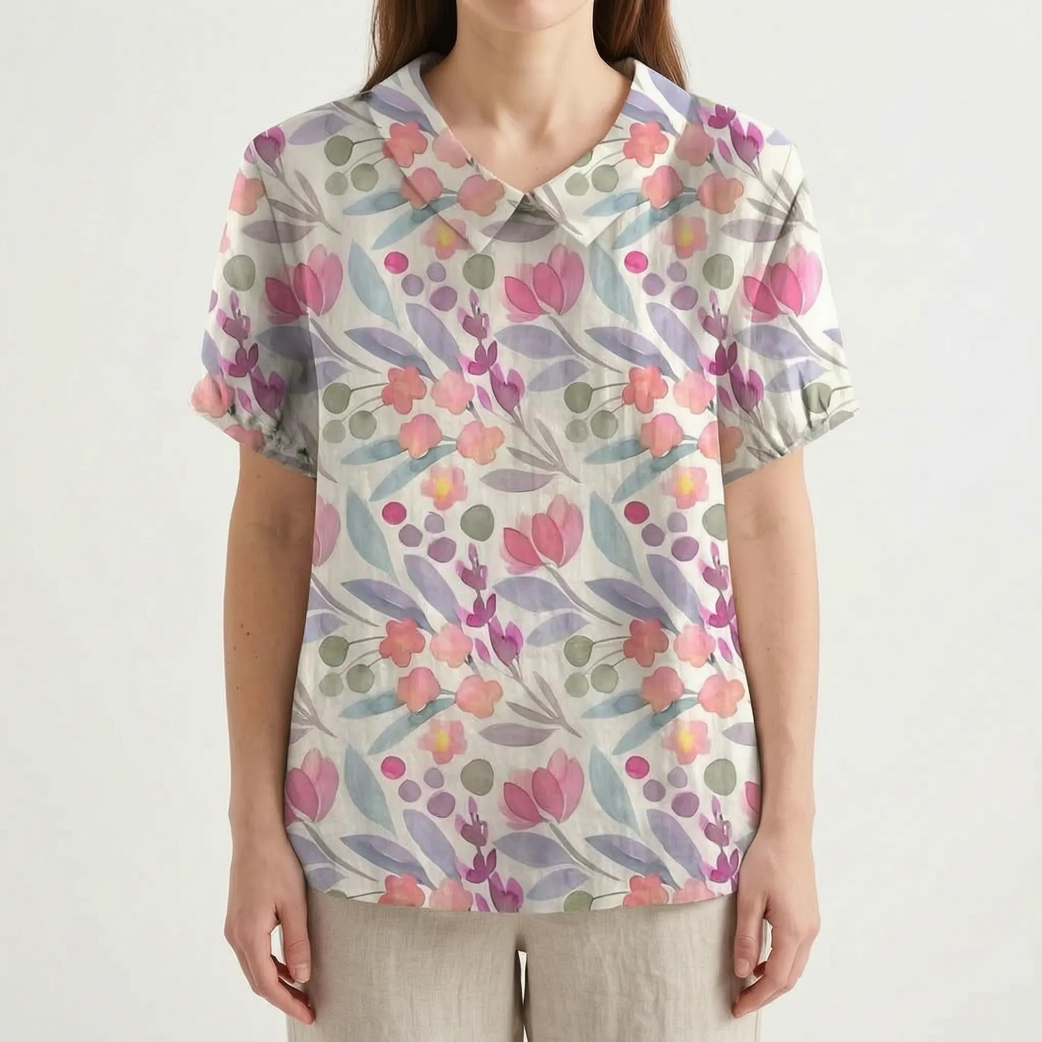 Floralis - Relaxed Fit Floral Collared Blouse