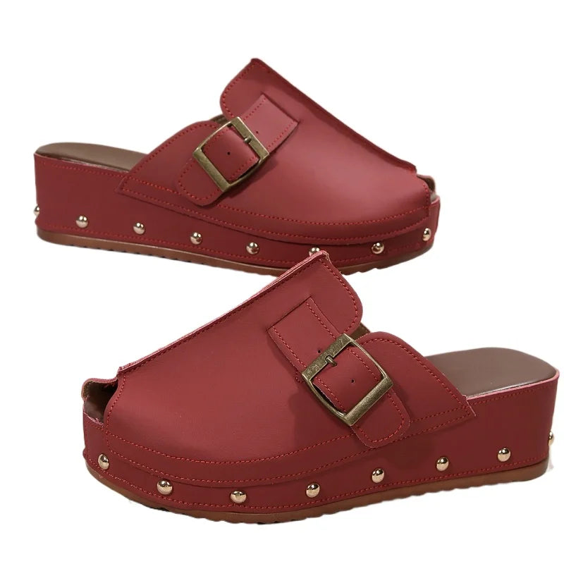 Maisie | Women's Peep-Toe Studded Clogs with Buckle Strap