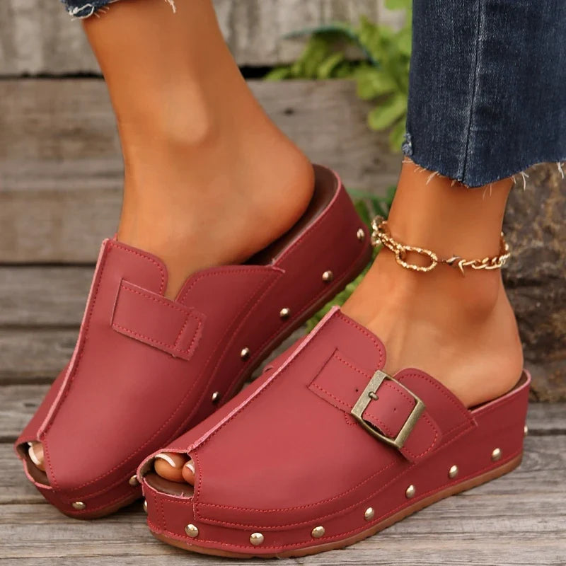 Maisie | Women's Peep-Toe Studded Clogs with Buckle Strap