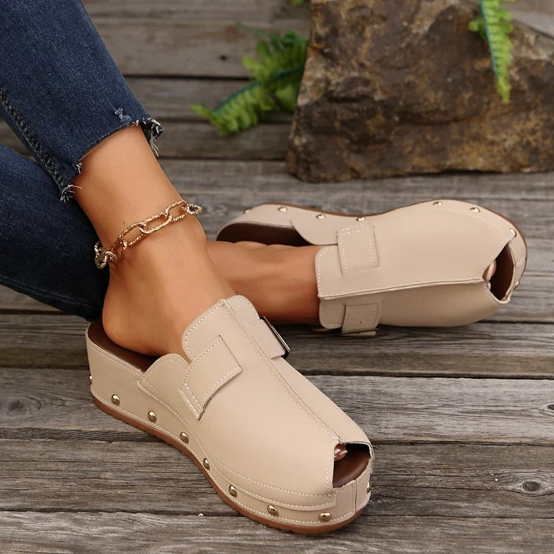 Maisie | Women's Peep-Toe Studded Clogs with Buckle Strap