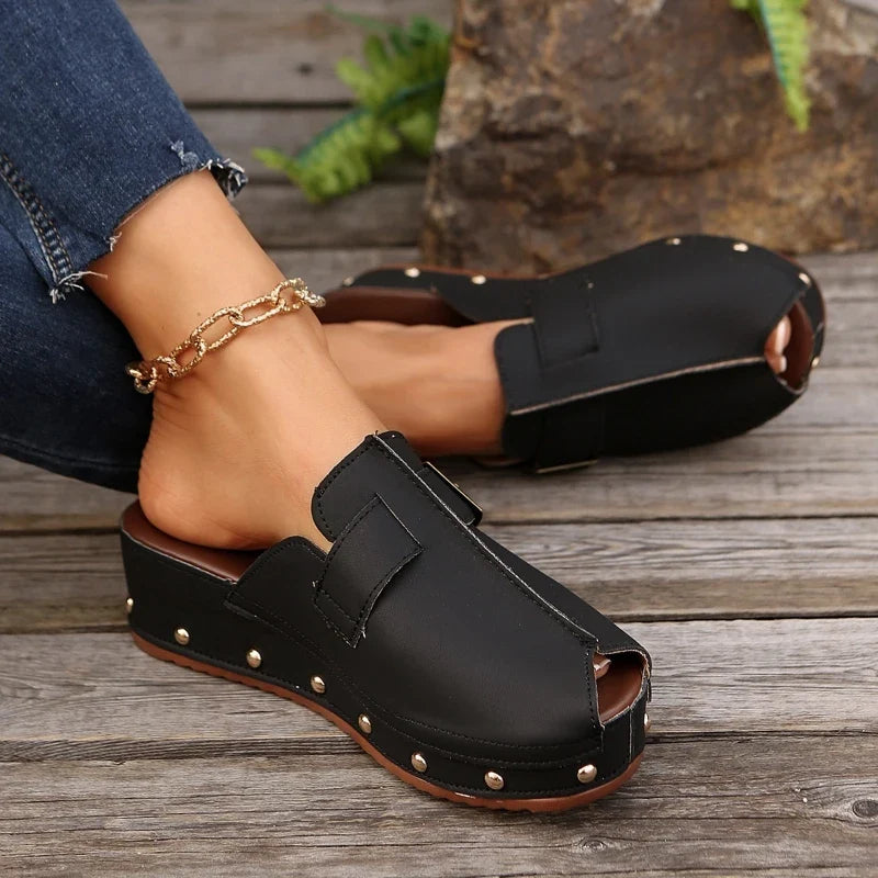 Maisie | Women's Peep-Toe Studded Clogs with Buckle Strap