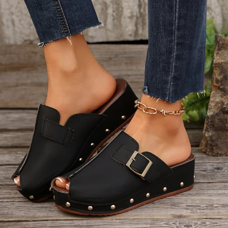 Maisie | Women's Peep-Toe Studded Clogs with Buckle Strap