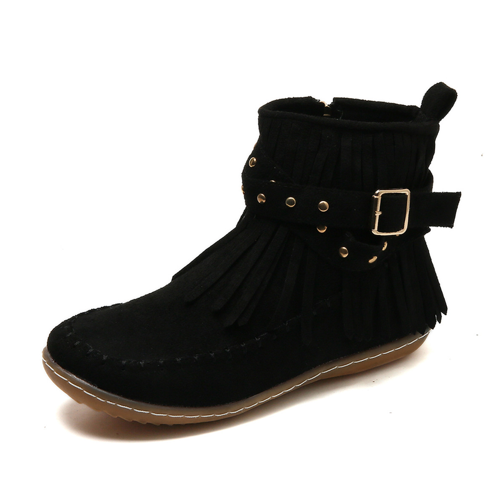 Marlowe - Women's Fringed Ankle Boots with Buckle Strap