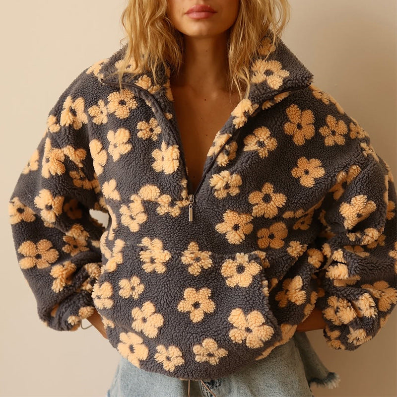 Ophelia | Women's Cozy Floral Quarter Zip Fleece Jacket
