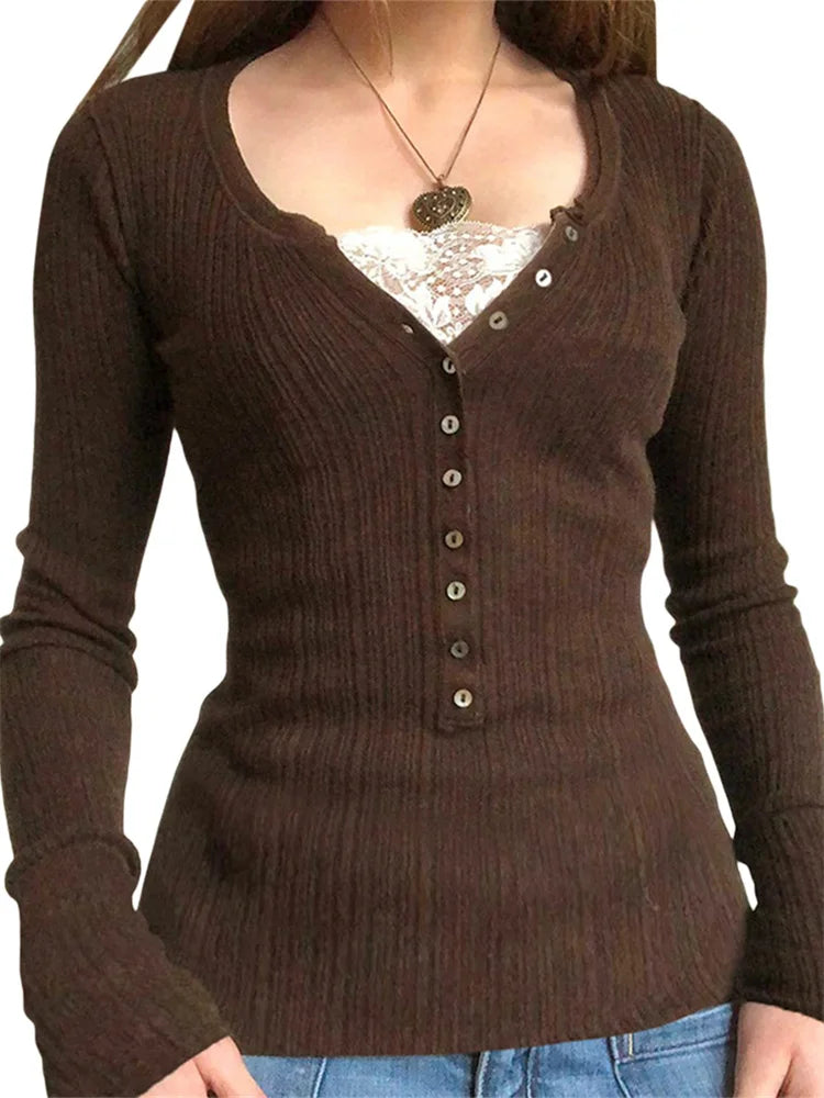 Sienna | Women's Ribbed Henley Shirt with Button Details